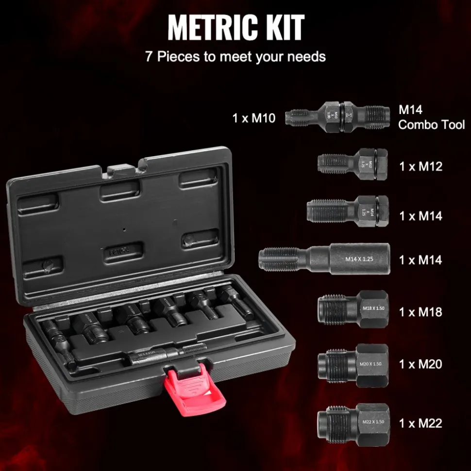 VEVOR 7-Piece Thread Chaser Set, Metric Thread Restorer Tool M10 M12 M14 M18 M20 M22, Rethreading Tool Kit with Storage Case, Heat Treated Carbon Steel, for Automotive Thread Repair Applications