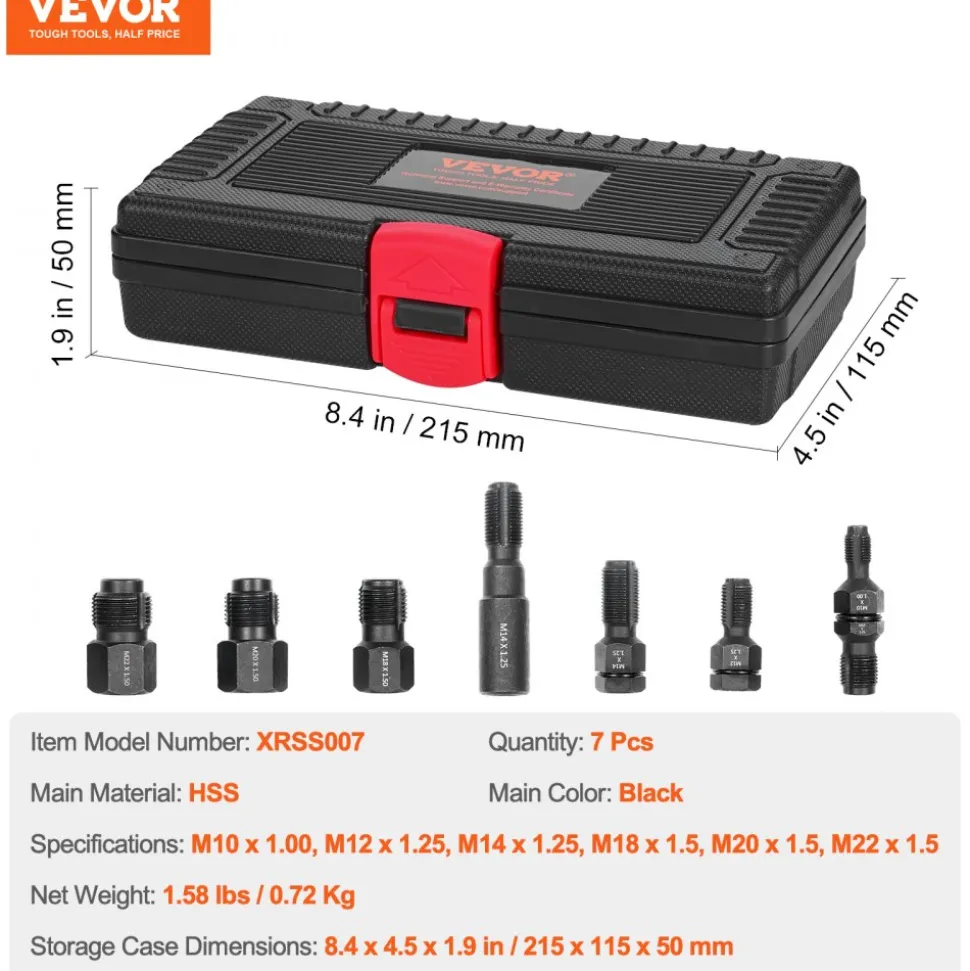VEVOR 7-Piece Thread Chaser Set, Metric Thread Restorer Tool M10 M12 M14 M18 M20 M22, Rethreading Tool Kit with Storage Case, Heat Treated Carbon Steel, for Automotive Thread Repair Applications
