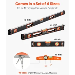 VEVOR 4-Piece Torpedo Level, 48/24/16/10 Inch Box Levels Set, Fluorescent Light Up Bubble Vials Ruler for 45/90/180 Degree, Aluminum Alloy Magnetic Leveler Tool, Shock-Proof(Only 10-inch has magnetic)