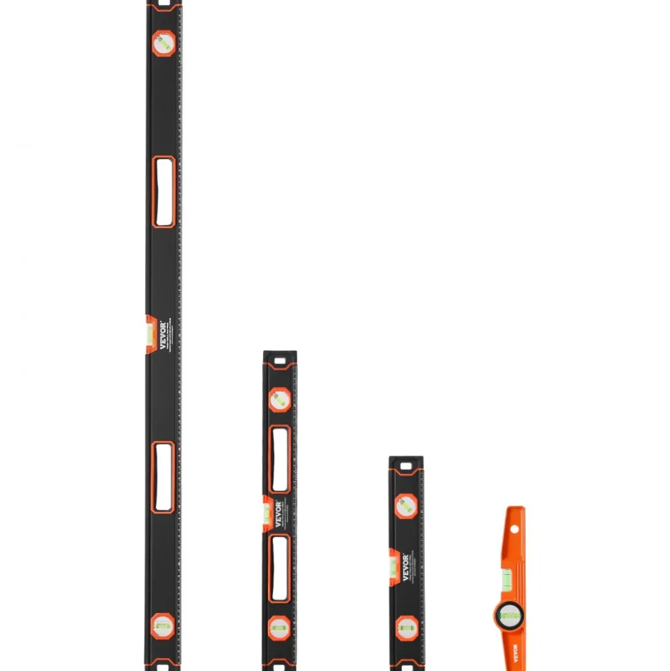 VEVOR 4-Piece Torpedo Level, 48/24/16/10 Inch Box Levels Set, Fluorescent Light Up Bubble Vials Ruler for 45/90/180 Degree, Aluminum Alloy Magnetic Leveler Tool, Shock-Proof(Only 10-inch has magnetic)