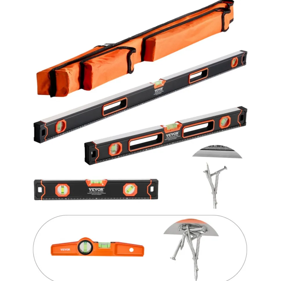 VEVOR 4-Piece Torpedo Level, 48/24/16/10 Inch Box Levels Set, Fluorescent Light Up Bubble Vials Ruler for 45/90/180 Degree, Aluminum Alloy Magnetic Leveler Tool, Shock-Proof(Only 10-inch has magnetic)
