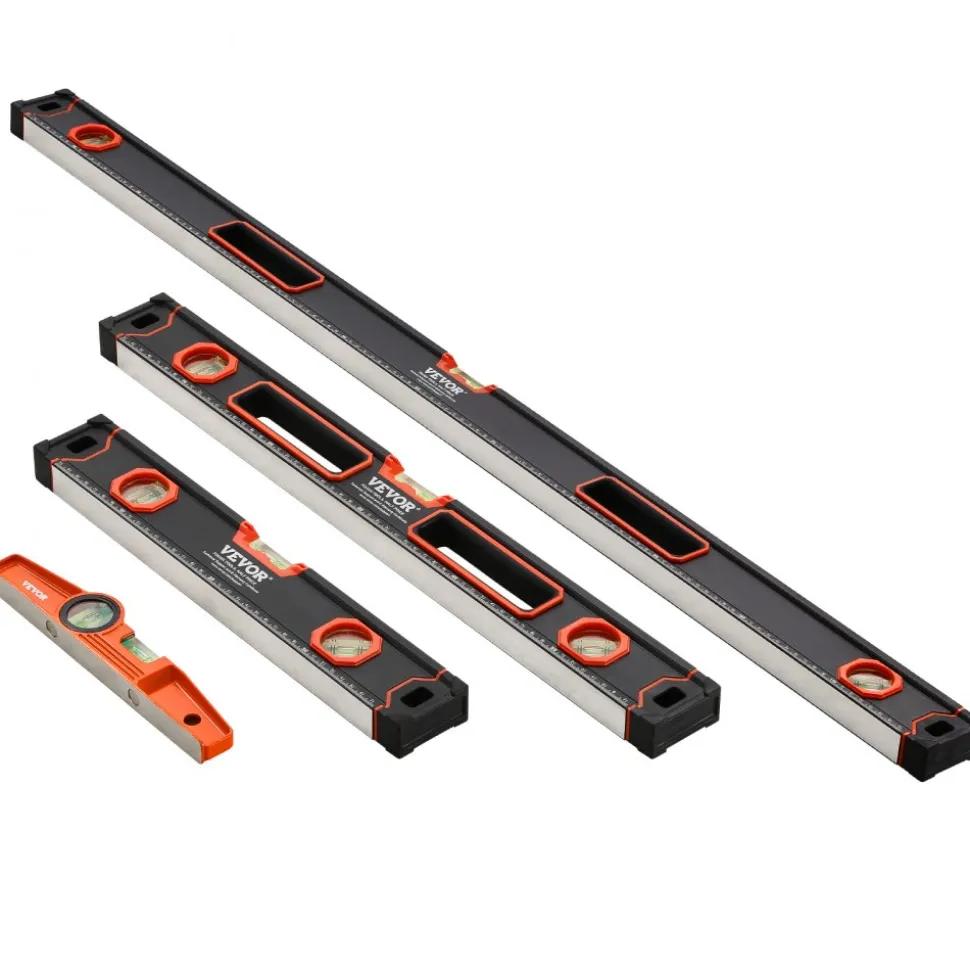 VEVOR 4-Piece Torpedo Level, 48/24/16/10 Inch Box Levels Set, Fluorescent Light Up Bubble Vials Ruler for 45/90/180 Degree, Aluminum Alloy Magnetic Leveler Tool, Shock-Proof(Only 10-inch has magnetic)
