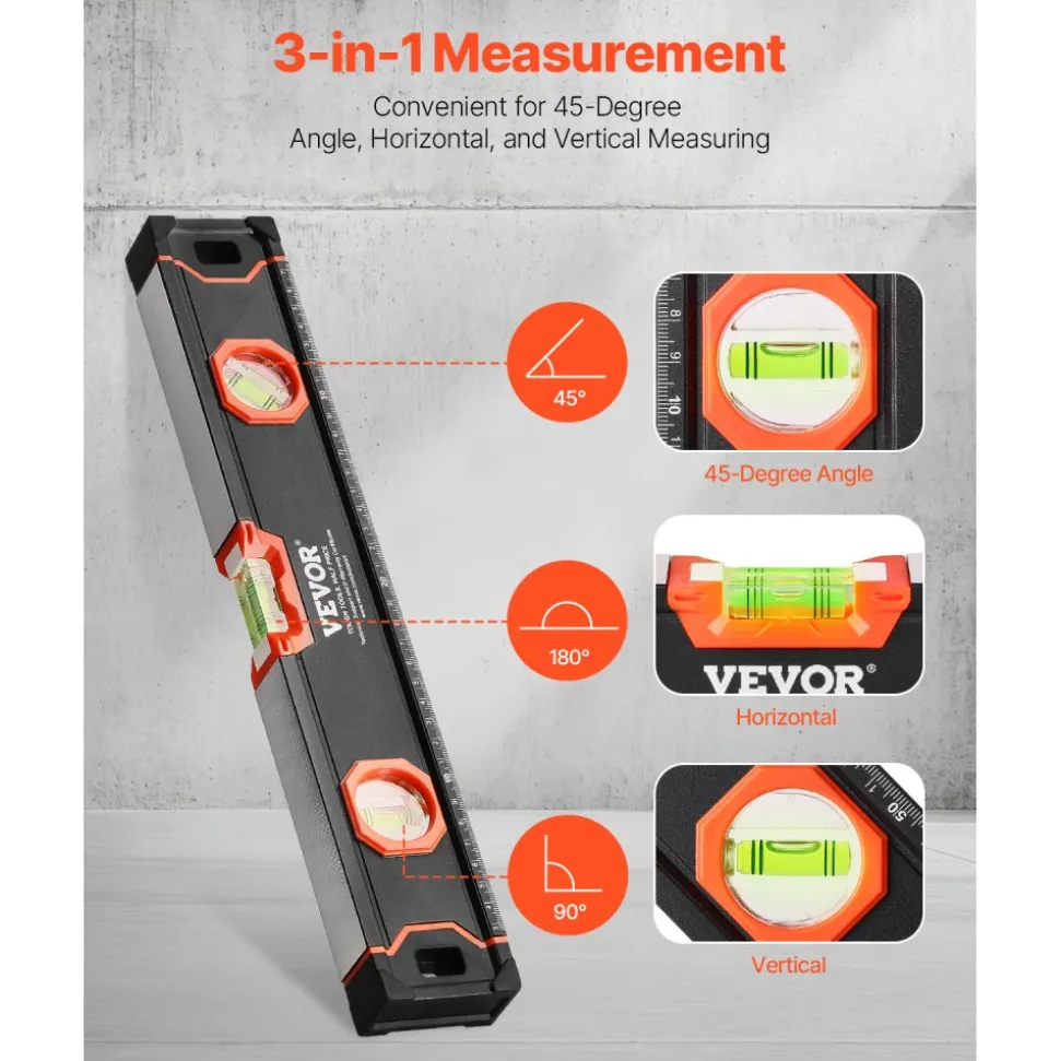 VEVOR 6-Piece Torpedo Level, 78/48/32/24/16/10 Inch Box Levels Set, Bubble Vials Ruler for 45/90/180 Degree, Shock-Proof Aluminum Alloy Magnetic Leveler Tool, SAE/Metric Scale(Only 10-inch has magnet)