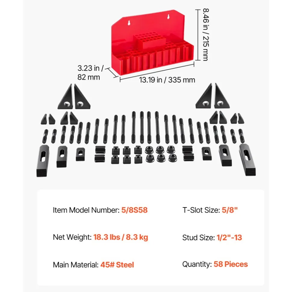 VEVOR 58 Piece 5/8" T-Slot Clamping Kit Hold Down Clamp 1/2"-13 Stud Size, for Bridgeport Mills, Standard Milling Machine, Drill Press, Heat Treated and Precision Ground, Flexible Height Adjustment