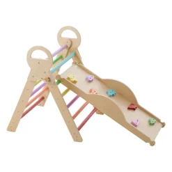 VEVOR Pikler Triangle Set, 4 in 1 Toddler Climbing Toys Indoor Playground, Large Size Wooden Climbing Gym for Toddlers 1-3 Years, Montessori Climbing Set with Triangle and Ramp, Wood Color
