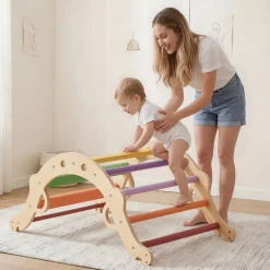 VEVOR Pikler Triangle Set, 4 in 1 Toddler Climbing Toys Indoor Playground, Large Size Wooden Climbing Gym for Toddlers 1-3 Years, Montessori Climbing Set with Triangle and Ramp, Wood Color