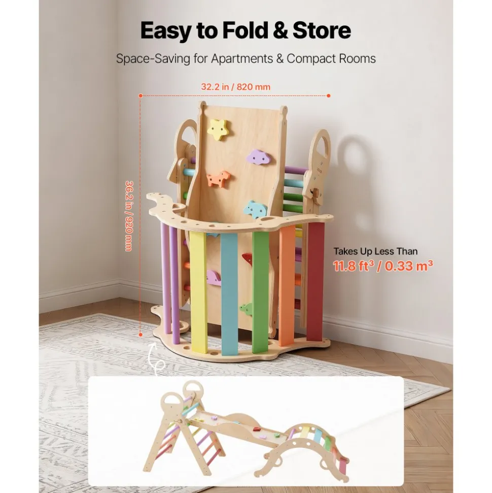 VEVOR Pikler Triangle Set, 9-in-1 Toddler Climbing Toys Indoor, with 2 Wooden Cars, Cushion, Triangle, Arch, and Ramp, 150 lbs Load, Foldable Montessori Climbing Set for Toddlers and Kids, Orange