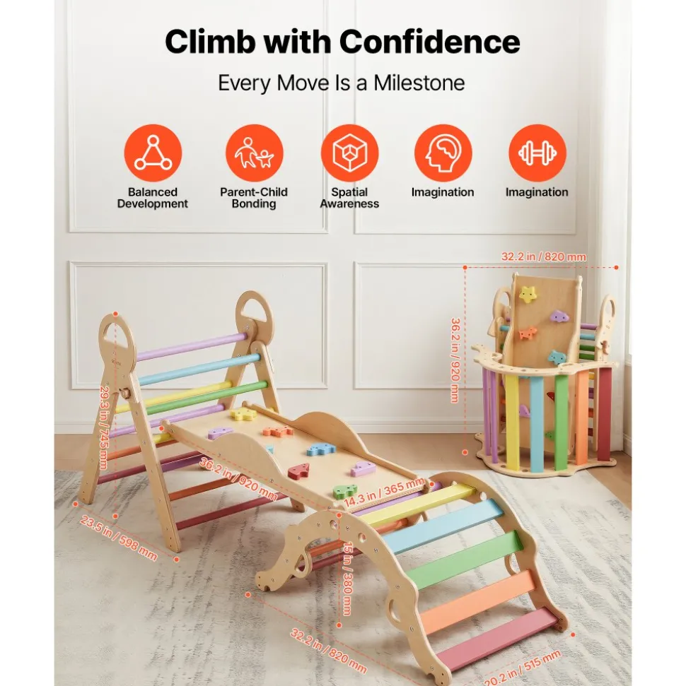 VEVOR Pikler Triangle Set, 9-in-1 Toddler Climbing Toys Indoor, with 2 Wooden Cars, Cushion, Triangle, Arch, and Ramp, 150 lbs Load, Foldable Montessori Climbing Set for Toddlers and Kids, Orange