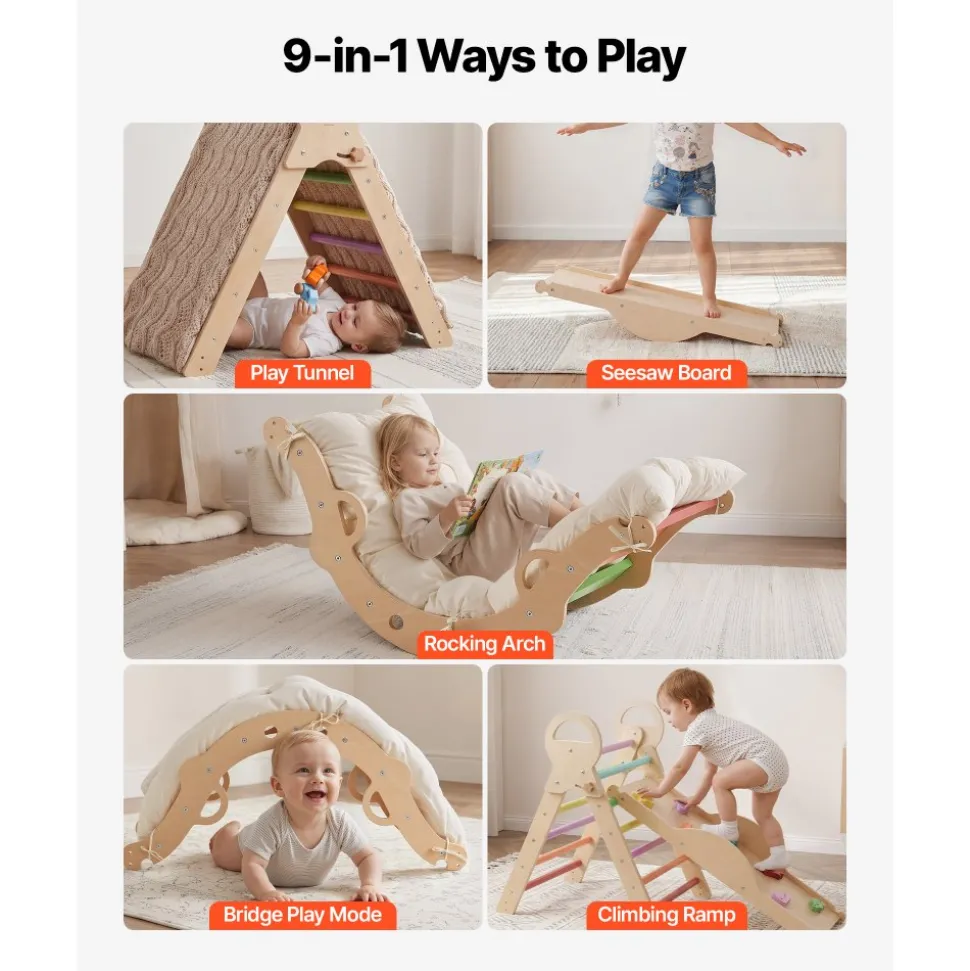VEVOR Pikler Triangle Set, 9-in-1 Toddler Climbing Toys Indoor, with 2 Wooden Cars, Cushion, Triangle, Arch, and Ramp, 150 lbs Load, Foldable Montessori Climbing Set for Toddlers and Kids, Orange