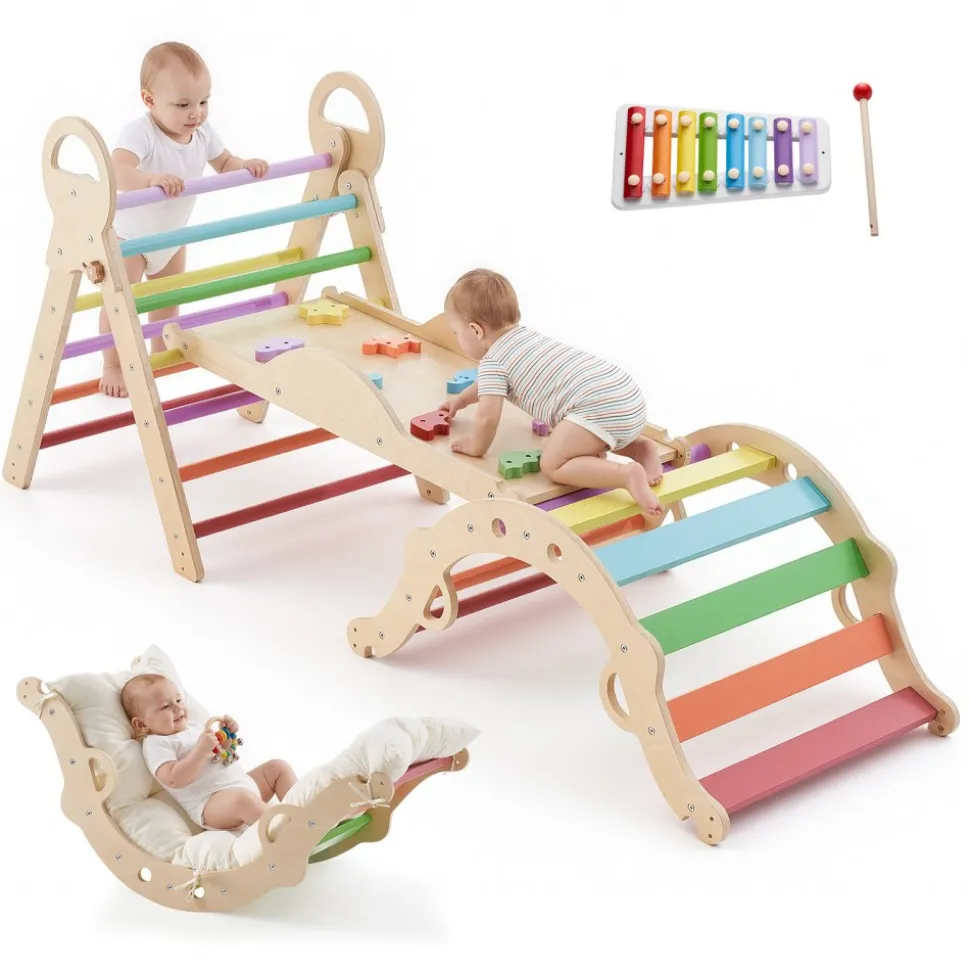VEVOR Pikler Triangle Set, 9-in-1 Toddler Climbing Toys Indoor, with 2 Wooden Cars, Cushion, Triangle, Arch, and Ramp, 150 lbs Load, Foldable Montessori Climbing Set for Toddlers and Kids, Orange