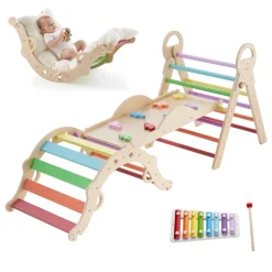VEVOR Pikler Triangle Set, 9-in-1 Toddler Climbing Toys Indoor, with 2 Wooden Cars, Cushion, Triangle, Arch, and Ramp, 150 lbs Load, Foldable Montessori Climbing Set for Toddlers and Kids, Orange