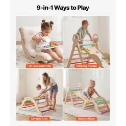 VEVOR Pikler Triangle Set, 9-in-1 Toddler Climbing Toys Indoor, with 2 Wooden Cars, Cushion, Triangle, Arch, and Ramp, 150 lbs Load, Foldable Montessori Climbing Set for Toddlers and Kids, Orange
