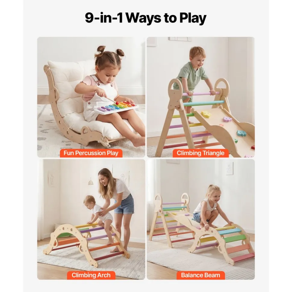 VEVOR Pikler Triangle Set, 9-in-1 Toddler Climbing Toys Indoor, with 2 Wooden Cars, Cushion, Triangle, Arch, and Ramp, 150 lbs Load, Foldable Montessori Climbing Set for Toddlers and Kids, Orange