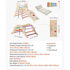 VEVOR Pikler Triangle Set, 9-in-1 Toddler Climbing Toys Indoor, with 2 Wooden Cars, Cushion, Triangle, Arch, and Ramp, 150 lbs Load, Foldable Montessori Climbing Set for Toddlers and Kids, Orange