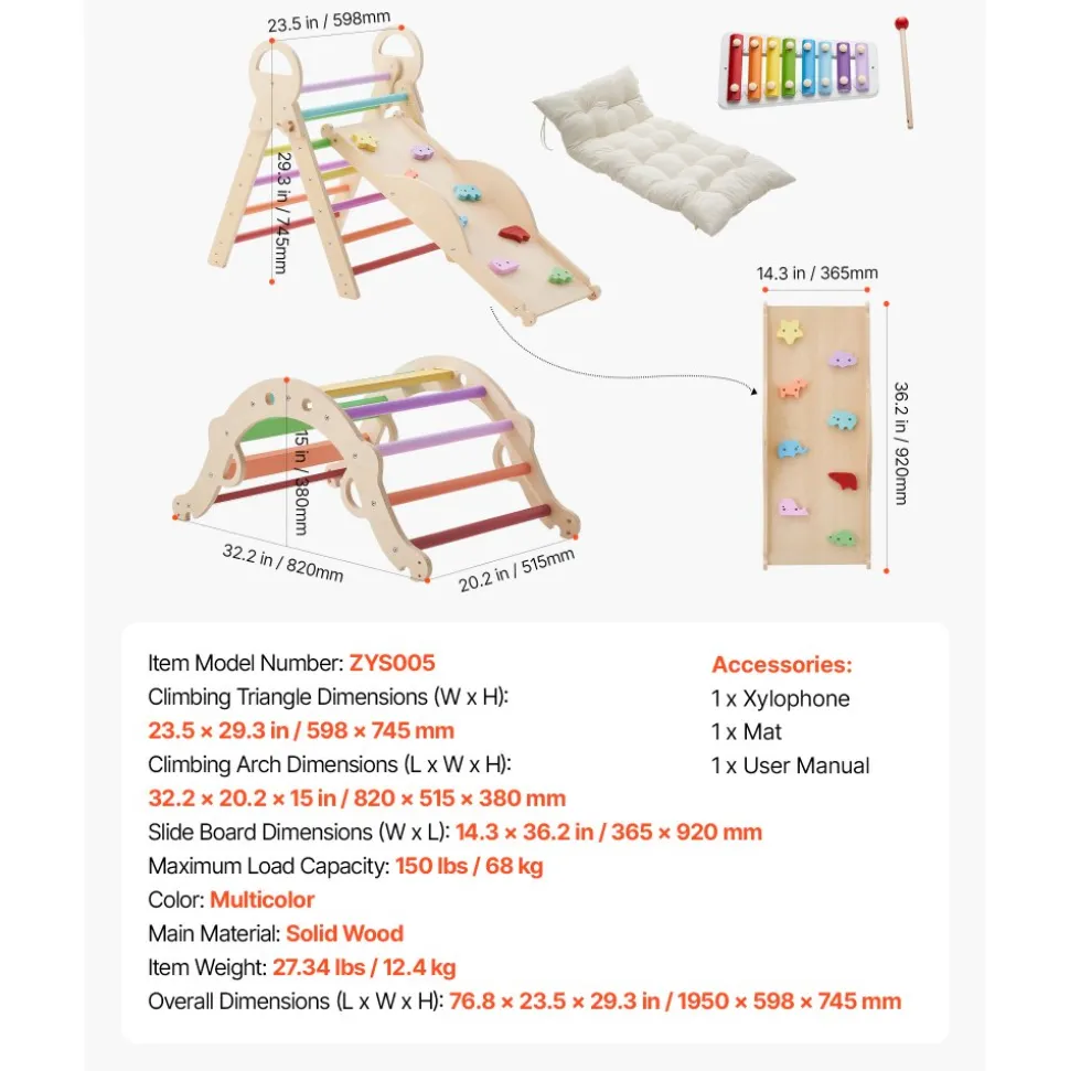 VEVOR Pikler Triangle Set, 9-in-1 Toddler Climbing Toys Indoor, with 2 Wooden Cars, Cushion, Triangle, Arch, and Ramp, 150 lbs Load, Foldable Montessori Climbing Set for Toddlers and Kids, Orange