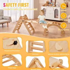 VEVOR Pikler Triangle Set, 9-in-1 Toddler Climbing Toys Indoor, with 2 Wooden Cars, Cushion, Triangle, Arch, and Ramp, 150 lbs Load, Foldable Montessori Climbing Set for Toddlers and Kids, Blue