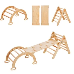 VEVOR Pikler Triangle Set, 9-in-1 Toddler Climbing Toys Indoor, with 2 Wooden Cars, Cushion, Triangle, Arch, and Ramp, 150 lbs Load, Foldable Montessori Climbing Set for Toddlers and Kids, Blue