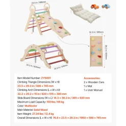 VEVOR Pikler Triangle Set, 9-in-1 Toddler Climbing Toys Indoor, with 2 Wooden Cars, Cushion, Triangle, Arch, and Ramp, 150 lbs Load, Foldable Montessori Climbing Set for Toddlers and Kids, Rainbow