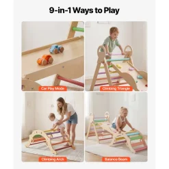 VEVOR Pikler Triangle Set, 9-in-1 Toddler Climbing Toys Indoor, with 2 Wooden Cars, Cushion, Triangle, Arch, and Ramp, 150 lbs Load, Foldable Montessori Climbing Set for Toddlers and Kids, Rainbow