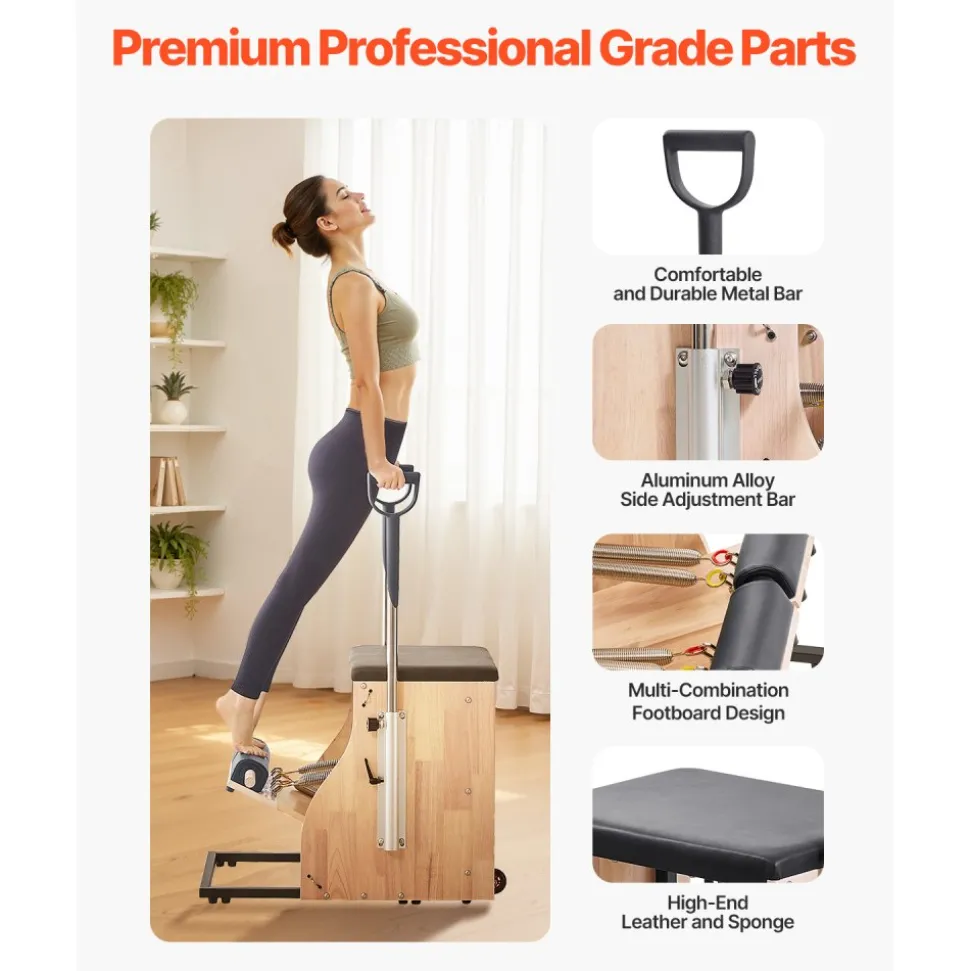 VEVOR Pilates Chair, Split-Pedal Stability Combo Chairs with Handles, Rubber Wood Frame Yoga Fitness Trainer, Exercise Reformer, Pilates Resistance-Workout Equipment, for Home Gym Studio Workout
