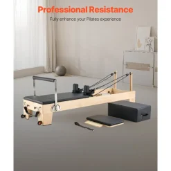 VEVOR Pilates Reformer Machine, Wooden Pilates Workout Equipment for Home Gym Studio Use, Pilates Bed with Dual Resistance- Spring & Cord, Reformer Set with Sitting Box, Up to 400 LBS