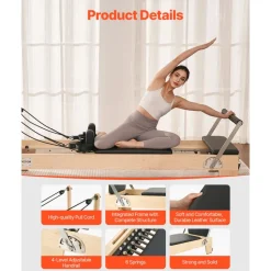 VEVOR Pilates Reformer Machine, Wooden Pilates Workout Equipment for Home Gym Studio Use, Pilates Bed with Dual Resistance- Spring & Cord, Reformer Set with Sitting Box, Up to 400 LBS