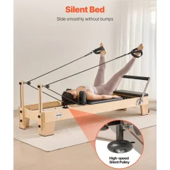 VEVOR Pilates Reformer Machine, Wooden Pilates Workout Equipment for Home Gym Studio Use, Pilates Bed with Dual Resistance- Spring & Cord, Reformer Set with Sitting Box, Up to 400 LBS