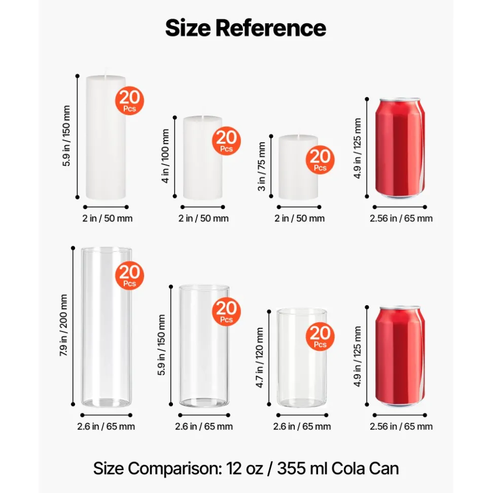 VEVOR Pillar Candles and Glass Vases Set 120 Pcs, Clear Cylinder Hurricane Candle Holders for Wedding Centerpieces, Tall Vase for Table Decor, Wedding Party,Thanksgiving,White (2.56" x 4.7",5.9",7.9")