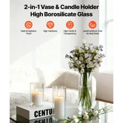 VEVOR Pillar Candles and Glass Vases Set 120 Pcs, Clear Cylinder Hurricane Candle Holders for Wedding Centerpieces, Tall Vase for Table Decor, Wedding Party,Thanksgiving,White (2.56