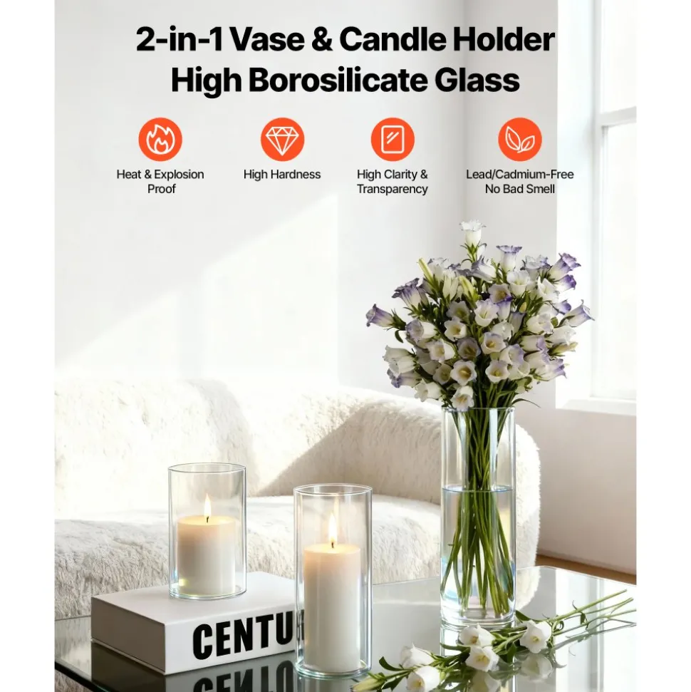 VEVOR Pillar Candles and Glass Vases Set 120 Pcs, Clear Cylinder Hurricane Candle Holders for Wedding Centerpieces, Tall Vase for Table Decor, Wedding Party,Thanksgiving,White (2.56" x 4.7",5.9",7.9")