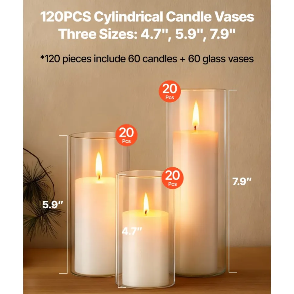 VEVOR Pillar Candles and Glass Vases Set 120 Pcs, Clear Cylinder Hurricane Candle Holders for Wedding Centerpieces, Tall Vase for Table Decor, Wedding Party,Thanksgiving,White (2.56" x 4.7",5.9",7.9")