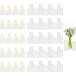 VEVOR Pillar Candles and Glass Vases Set 120 Pcs, Clear Cylinder Hurricane Candle Holders for Wedding Centerpieces, Tall Vase for Table Decor, Wedding Party,Thanksgiving,White (2.56