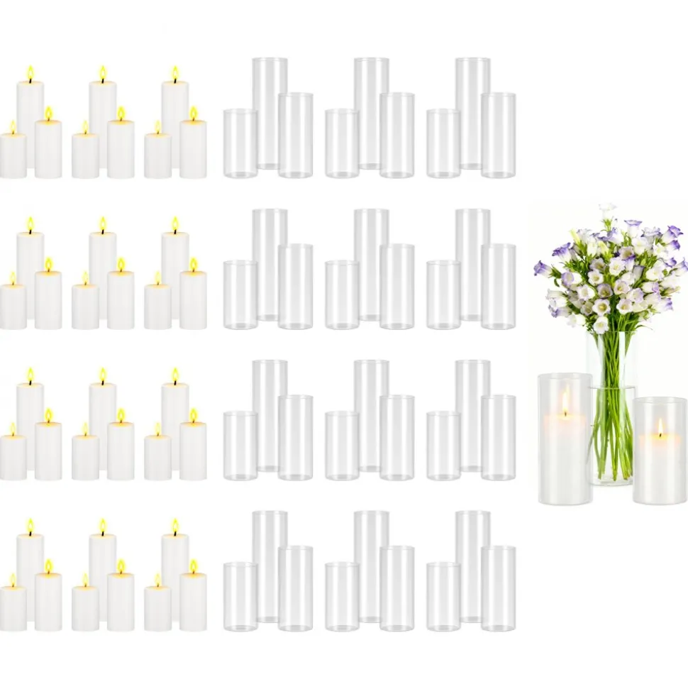 VEVOR Pillar Candles and Glass Vases Set 72 Pcs, Clear Cylinder Hurricane Candle Holders for Wedding Centerpieces, Tall Vase for Table Decor, Wedding Party, Thanksgiving,White (2.56" x 4.7",5.9",7.9")