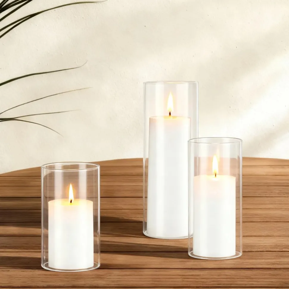 VEVOR Pillar Candles and Glass Vases Set 24 Pcs, Clear Cylinder Hurricane Candle Holders for Wedding Centerpieces, Tall Vase for Table Decor, Wedding Party, Thanksgiving,White (2.56" x 4.7",5.9",7.9")