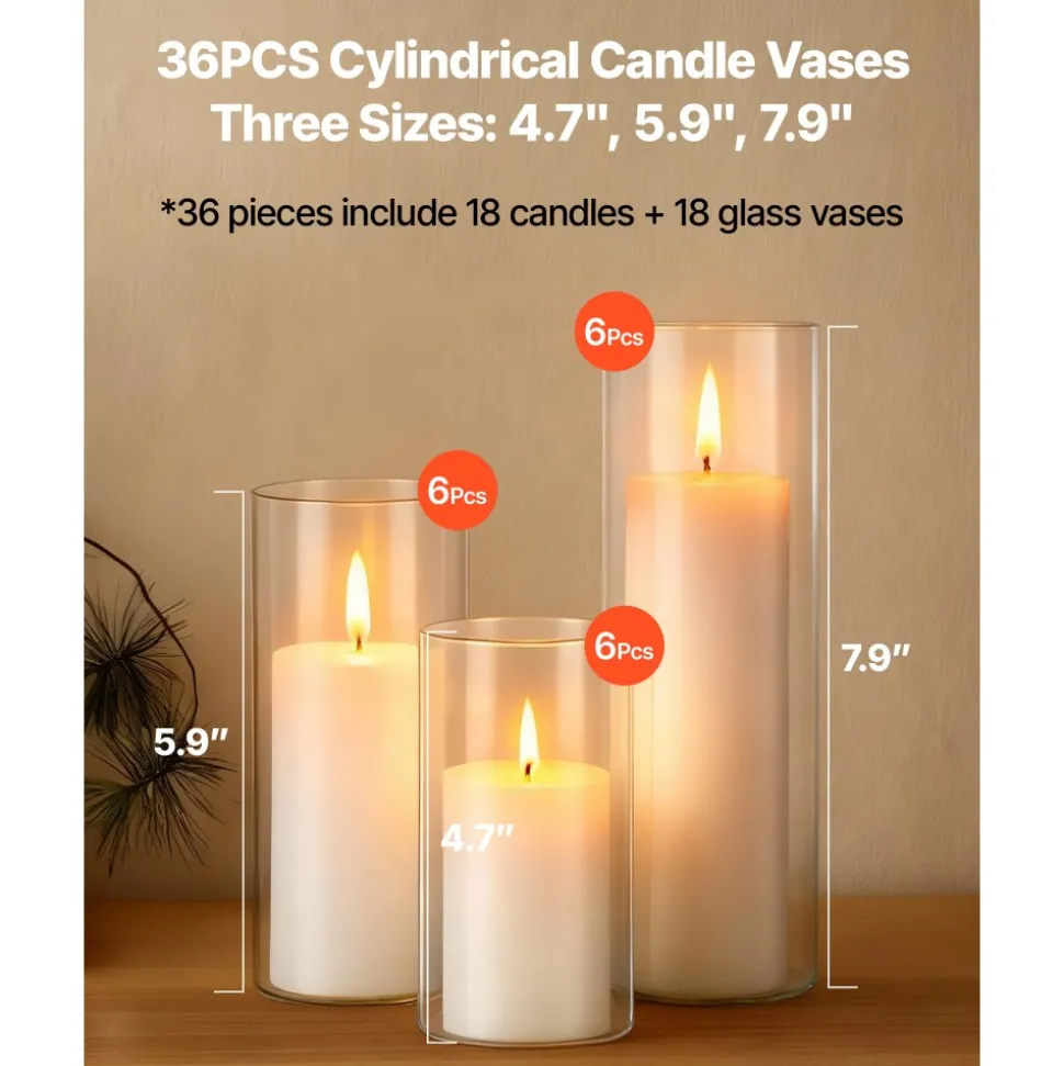 VEVOR Pillar Candles and Glass Vases Set 24 Pcs, Clear Cylinder Hurricane Candle Holders for Wedding Centerpieces, Tall Vase for Table Decor, Wedding Party, Thanksgiving,White (2.56" x 4.7",5.9",7.9")