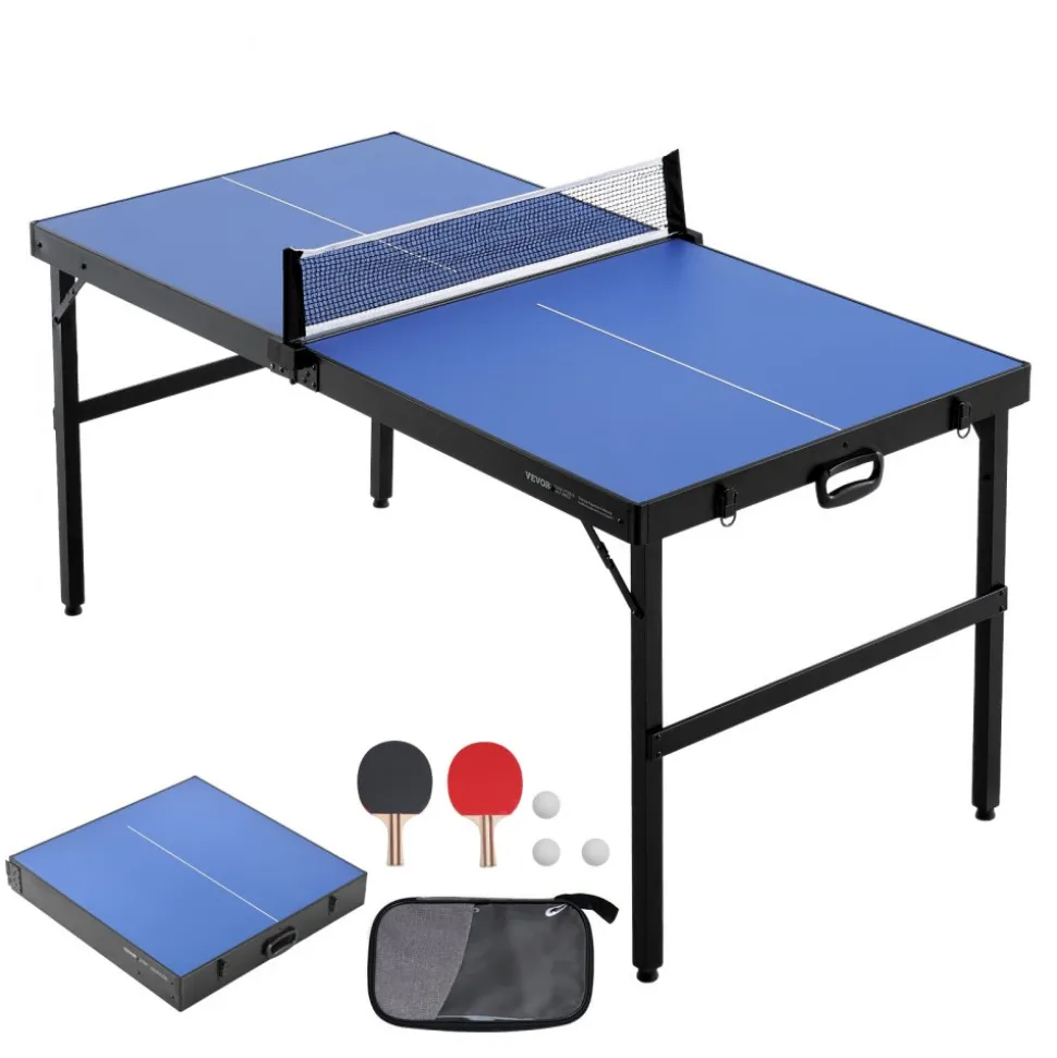 VEVOR Ping Pong Table, Mid-Size Table Tennis Game, Indoor MDF Table Tennis Table, Foldable Portable Complete Ping Pong Table Set with Net, 2 Paddles, 3 Balls, Carry Bag, Handle (No Assembly Required)