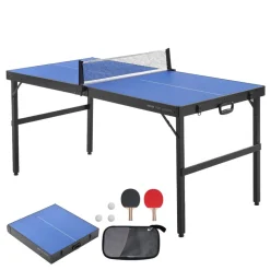 VEVOR Ping Pong Table, Mid-Size Table Tennis Game, Indoor MDF Table Tennis Table, Foldable Portable Complete Ping Pong Table Set with Net, 2 Paddles, 3 Balls, Carry Bag, Handle (No Assembly Required)