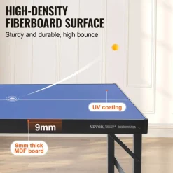 VEVOR Ping Pong Table, Mid-Size Table Tennis Game, Indoor MDF Table Tennis Table, Foldable Portable Complete Ping Pong Table Set with Net, 2 Paddles, 3 Balls, Carry Bag, Handle (No Assembly Required)