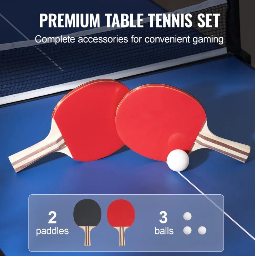 VEVOR Ping Pong Table, Mid-Size Table Tennis Game, Indoor MDF Table Tennis Table, Foldable Portable Complete Ping Pong Table Set with Net, 2 Paddles, 3 Balls, Carry Bag, Handle (No Assembly Required)