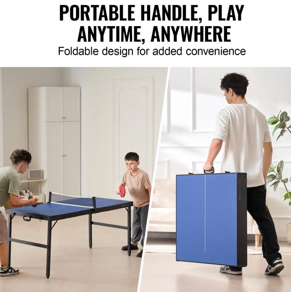 VEVOR Ping Pong Table, Mid-Size Table Tennis Game, Indoor MDF Table Tennis Table, Foldable Portable Complete Ping Pong Table Set with Net, 2 Paddles, 3 Balls, Carry Bag, Handle (No Assembly Required)