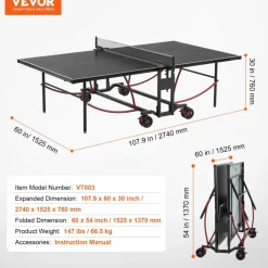 VEVOR Ping Pong Table, Professional Table Tennis Game, Indoor/Outdoor All Weather Aluminum Table Tennis Table, Portable Foldable Table with Quick Clamp Net & Large Lockable Wheels, 10 Minute Assembly