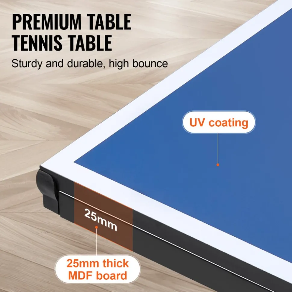 VEVOR Ping Pong Table, Professional Table Tennis Game, Indoor MDF Portable Table Tennis Table, Foldable Ping Pong Table with Quick Clamp Net and Lockable Wheel, 10 Minute Easy Assembly, 25mm Tabletops