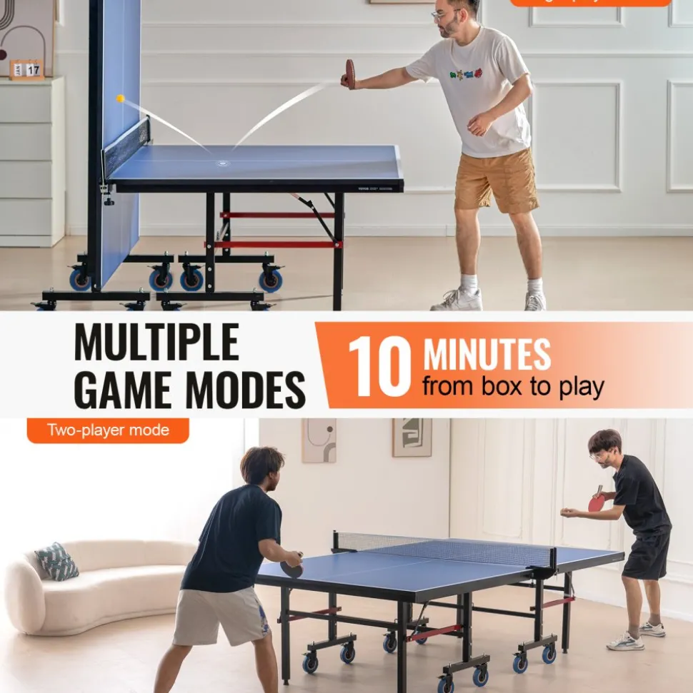 VEVOR Ping Pong Table, Professional Table Tennis Game, Indoor MDF Portable Table Tennis Table, Foldable Ping Pong Table with Quick Clamp Net and Lockable Wheel, 10 Minute Easy Assembly, 25mm Tabletops