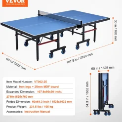 VEVOR Ping Pong Table, Professional Table Tennis Game, Indoor MDF Portable Table Tennis Table, Foldable Ping Pong Table with Quick Clamp Net and Lockable Wheel, 10 Minute Easy Assembly, 25mm Tabletops