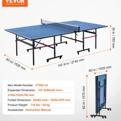 VEVOR Ping Pong Table, Professional Table Tennis Game, Indoor MDF Portable Table Tennis Table, Foldable Ping Pong Table with Quick Clamp Net and Lockable Wheel, 10 Minute Easy Assembly, 12mm Tabletops
