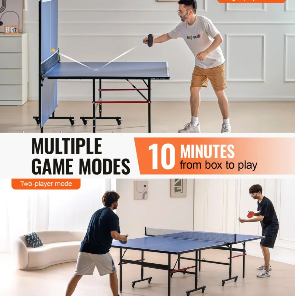 VEVOR Ping Pong Table, Professional Table Tennis Game, Indoor MDF Portable Table Tennis Table, Foldable Ping Pong Table with Quick Clamp Net and Lockable Wheel, 10 Minute Easy Assembly, 12mm Tabletops