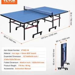 VEVOR Ping Pong Table, Professional Table Tennis Game, Indoor MDF Portable Table Tennis Table, Foldable Ping Pong Table with Quick Clamp Net and Lockable Wheel, 10 Minute Easy Assembly, 18mm Tabletops
