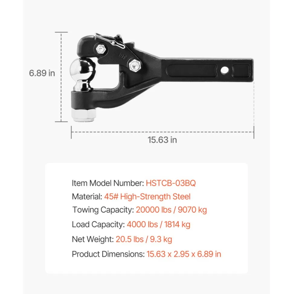 VEVOR Pintle Hook, 20000 lbs, Pintle Hook Hitch for 2-inch Hitch Hook Military Receiver, Combination 2-5/16-inch Hitch Ball, Fits 2.5 to 3-inch Lunette Ring, 15.6-inch Length, Black Powder Coat