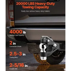 VEVOR Pintle Hook, 20000 lbs, Pintle Hook Hitch for 2-inch Hitch Hook Military Receiver, Combination 2-5/16-inch Hitch Ball, Fits 2.5 to 3-inch Lunette Ring, 15.6-inch Length, Black Powder Coat
