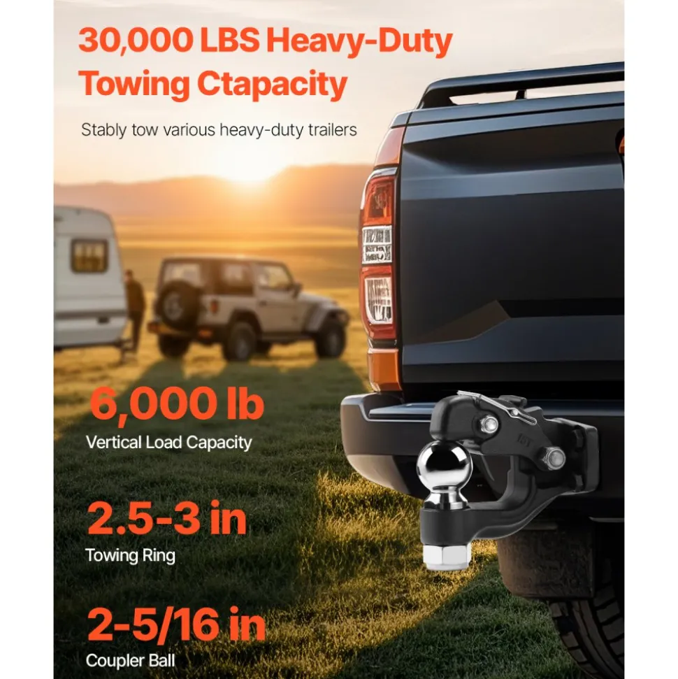 VEVOR Pintle Hook, 30000 lbs Towing Capacity, Trailer Hitches Receiver Hook Combination 2-5/16-inch Hitch Ball, Fits 2.5 to 3-inch Lunette Ring with Mounting Kit, Wear-resistant, Black Powder Coat